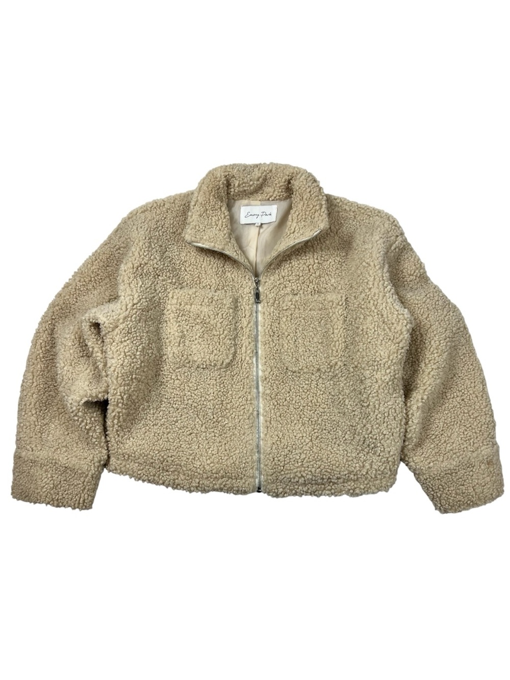 Emory Park Teddy Sherpa Zip Jacket Women’s Small Cream Cropped Fluffy Y2K Cozy